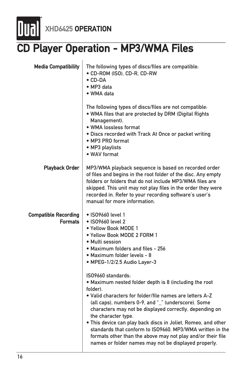 Cd player operation - mp3/wma files, Xhd6425 operation | Dual Electronics XHD6425 User Manual | Page 16 / 28