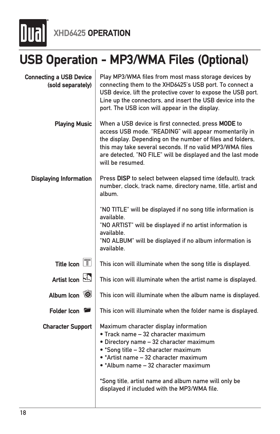 Usb operation - mp3/wma files (optional), Xhd6425 operation | Dual Electronics XHD6425 User Manual | Page 18 / 28