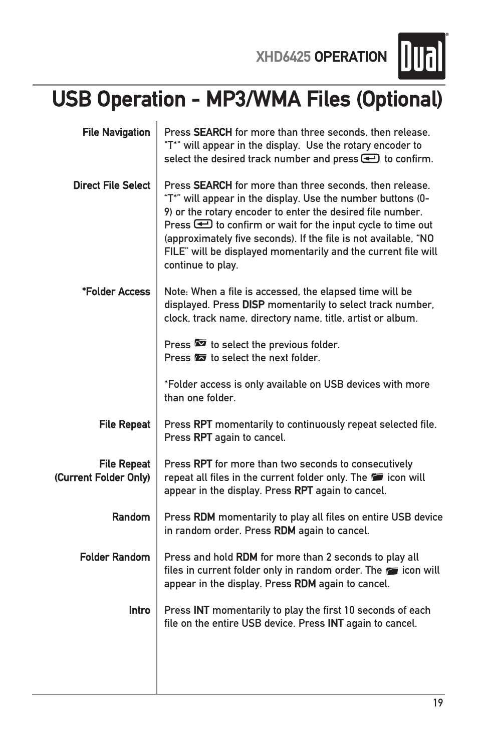 Usb operation - mp3/wma files (optional), Xhd6425 operation | Dual Electronics XHD6425 User Manual | Page 19 / 28