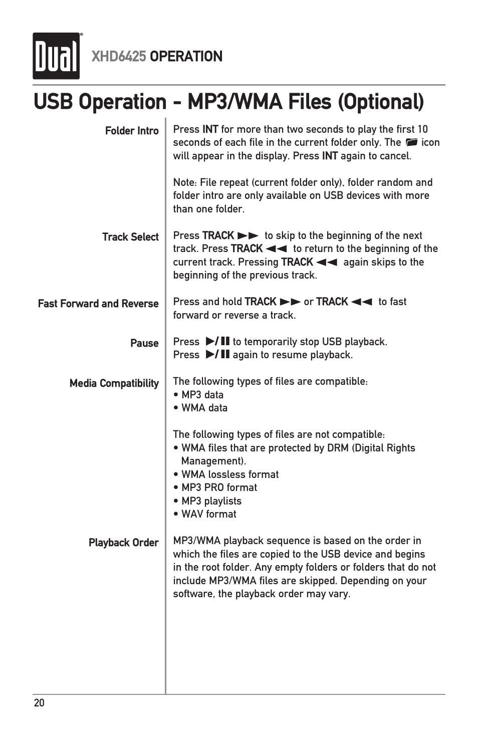 Usb operation - mp3/wma files (optional) | Dual Electronics XHD6425 User Manual | Page 20 / 28