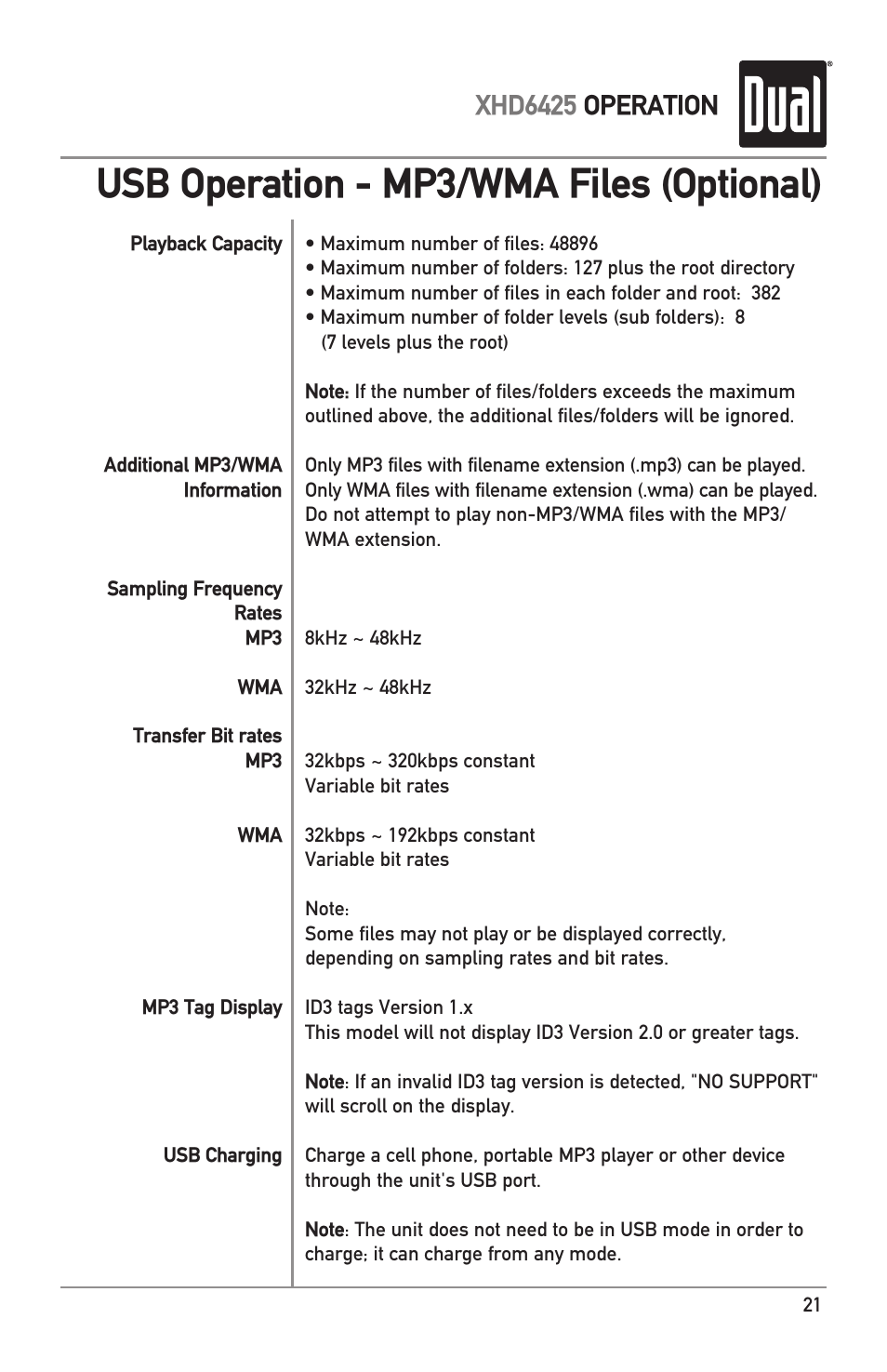 Usb operation - mp3/wma files (optional), Xhd6425 operation | Dual Electronics XHD6425 User Manual | Page 21 / 28