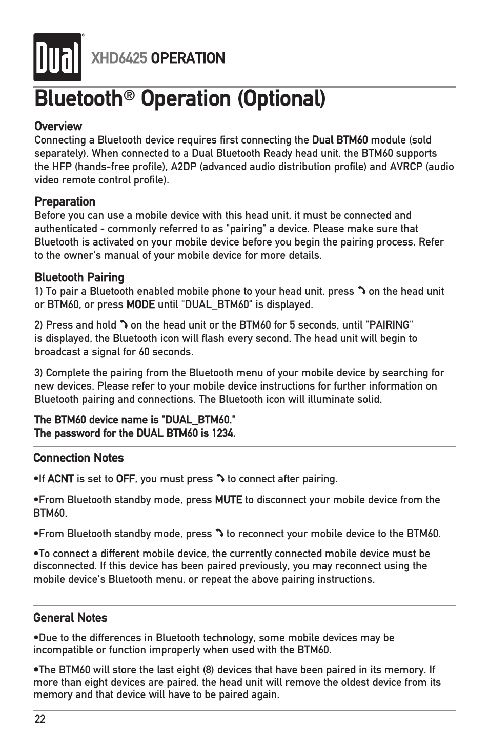 Bluetooth, Operation (optional), Xhd6425 operation | Dual Electronics XHD6425 User Manual | Page 22 / 28