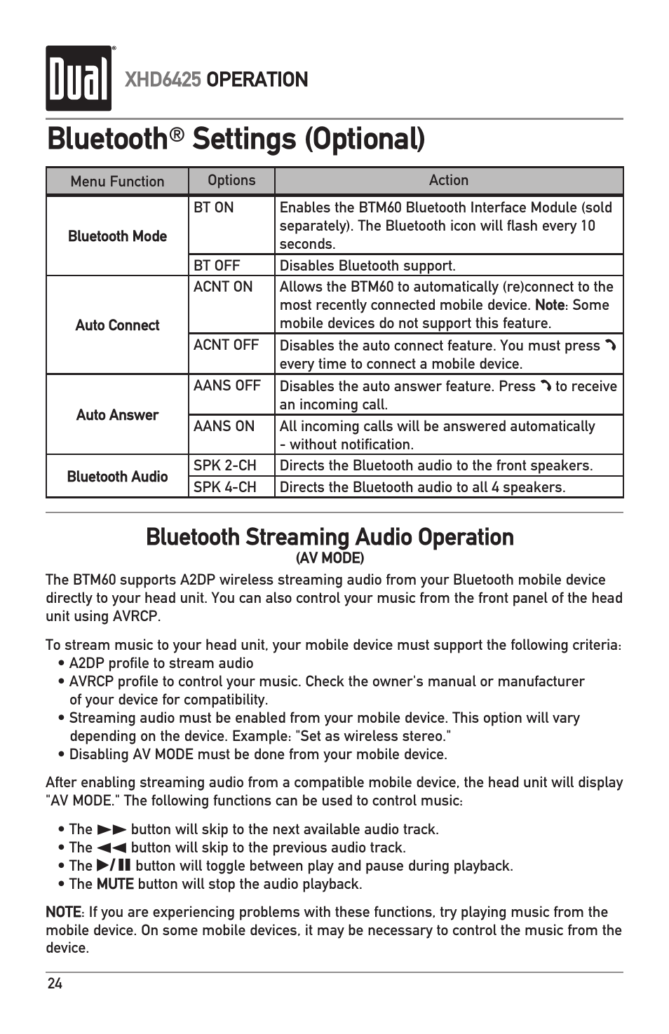 Bluetooth, Settings (optional), Bluetooth streaming audio operation | Xhd6425 operation | Dual Electronics XHD6425 User Manual | Page 24 / 28