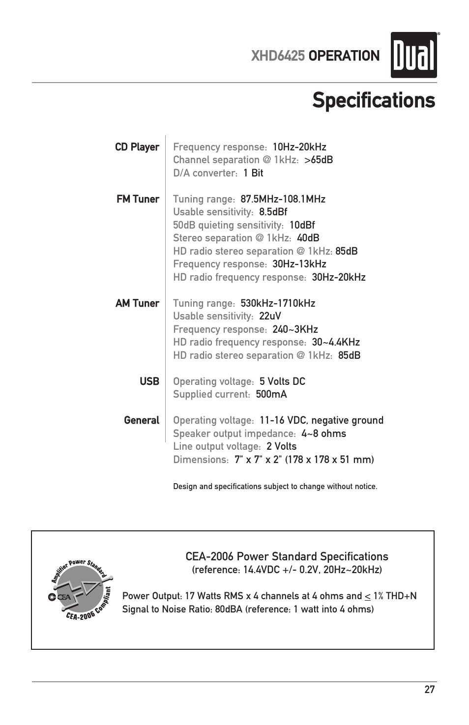 Specifications, Xhd6425 operation | Dual Electronics XHD6425 User Manual | Page 27 / 28