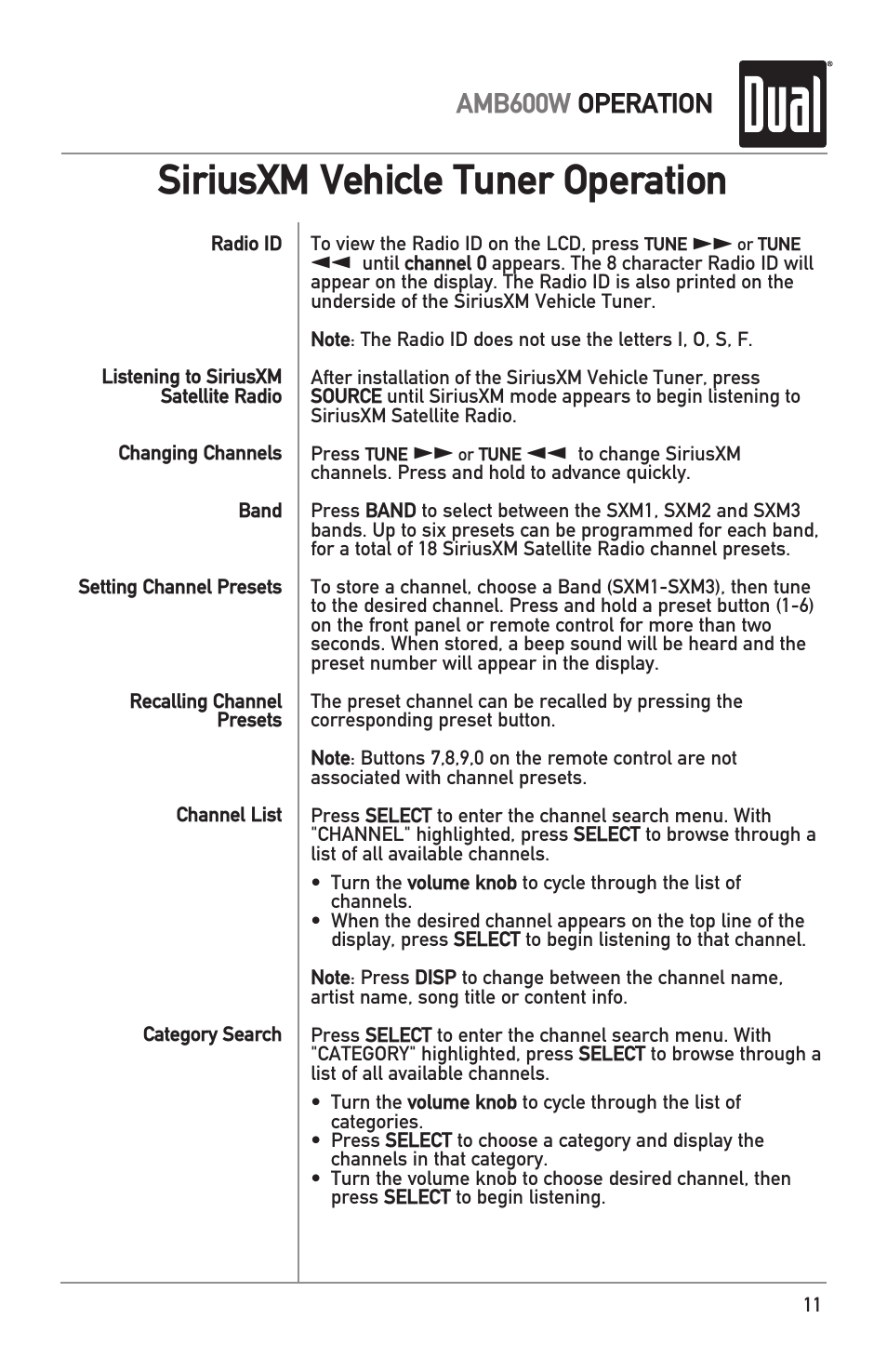 Siriusxm vehicle tuner operation, Amb600w operation | Dual Electronics AMB600W User Manual | Page 11 / 40