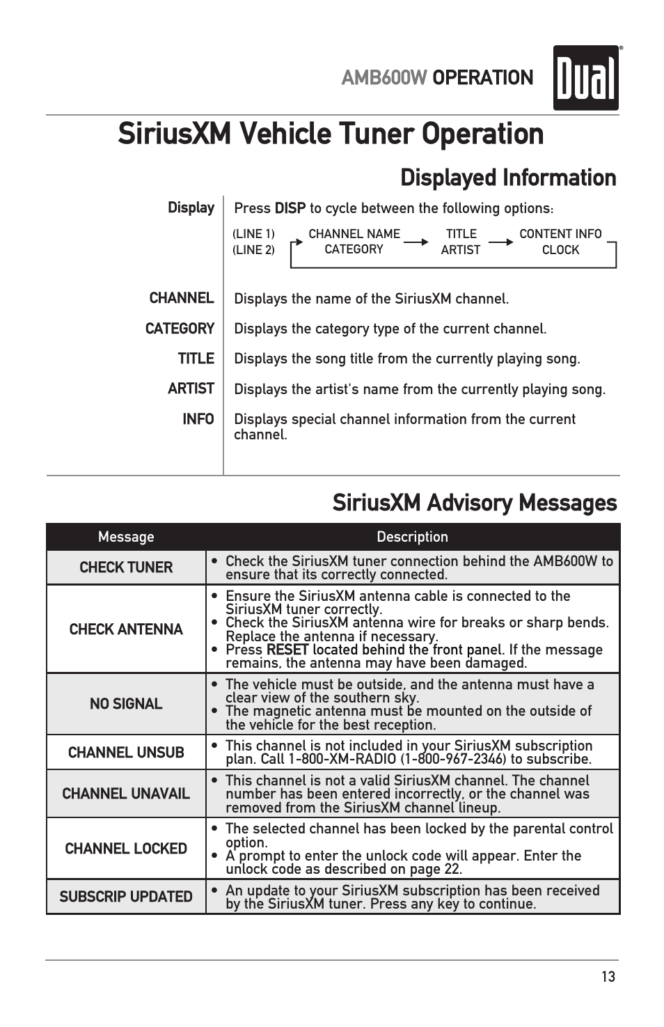 Siriusxm vehicle tuner operation, Displayed information, Siriusxm advisory messages | Amb600w operation | Dual Electronics AMB600W User Manual | Page 13 / 40