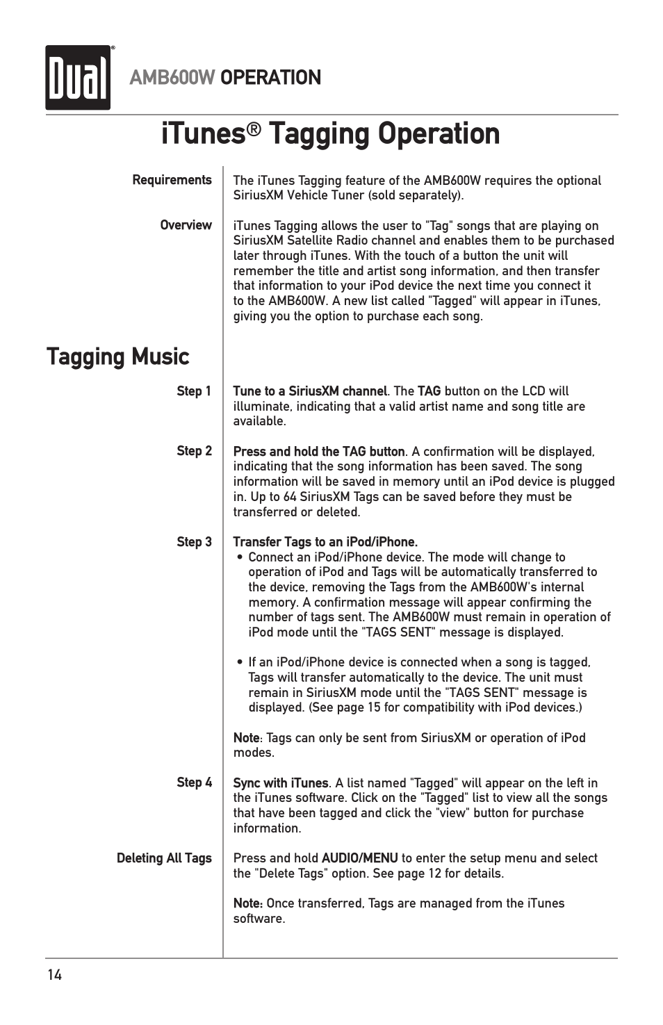 Itunes, Tagging operation, Tagging music | Amb600w operation | Dual Electronics AMB600W User Manual | Page 14 / 40