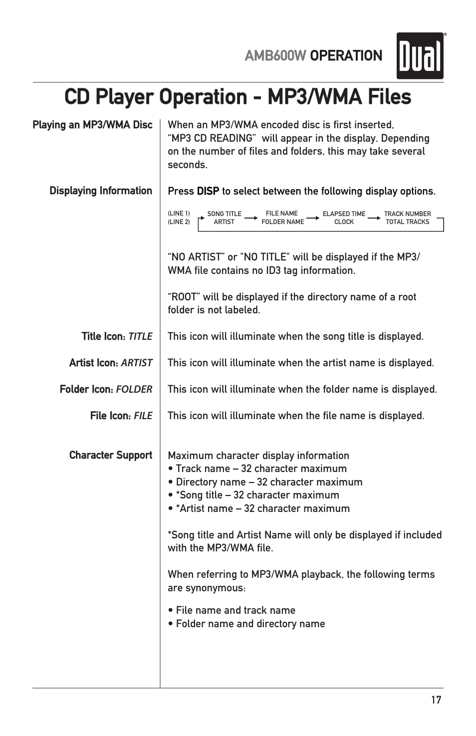 Cd player operation - mp3/wma files, Amb600w operation | Dual Electronics AMB600W User Manual | Page 17 / 40