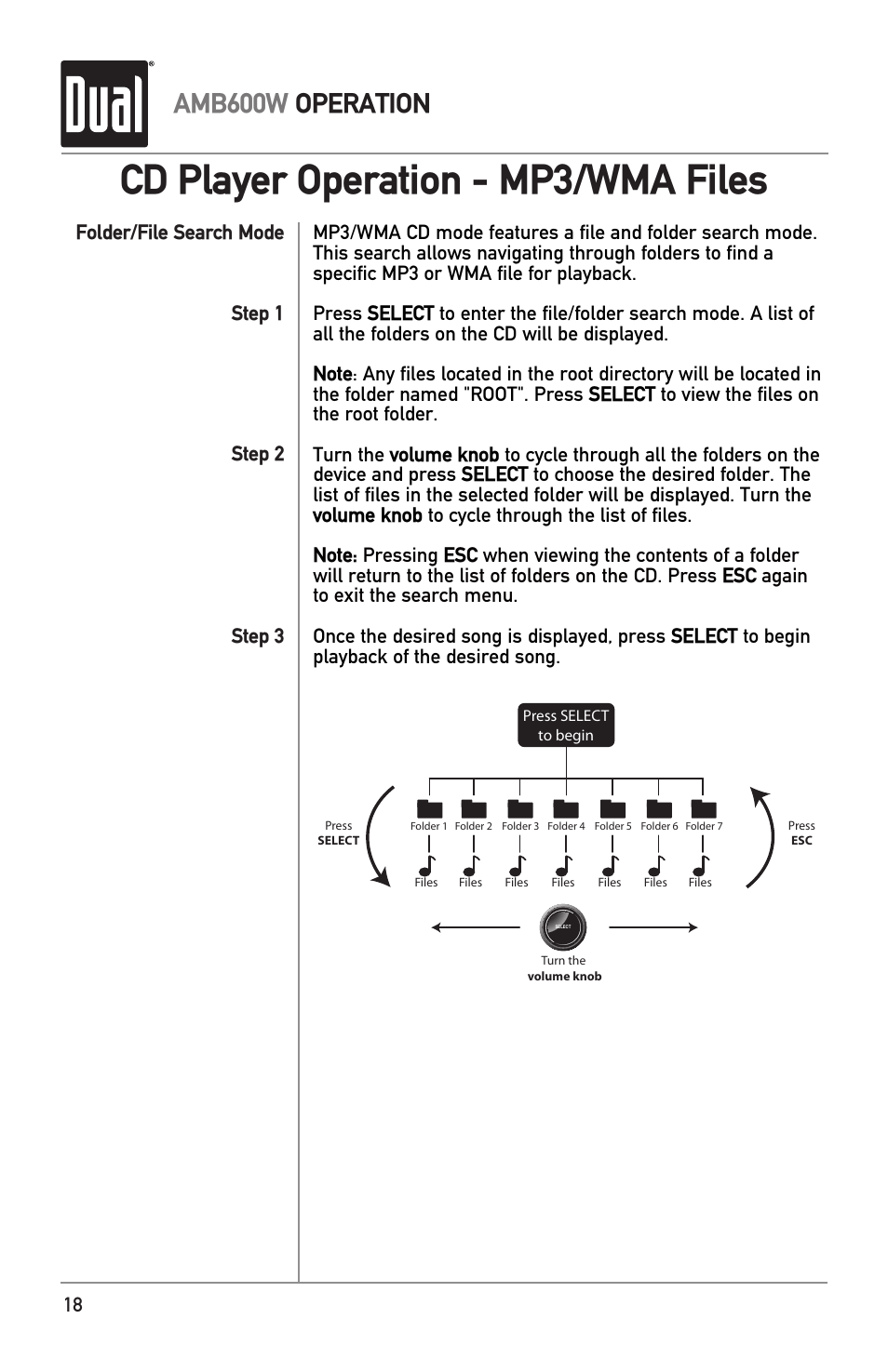 Cd player operation - mp3/wma files, Amb600w operation | Dual Electronics AMB600W User Manual | Page 18 / 40