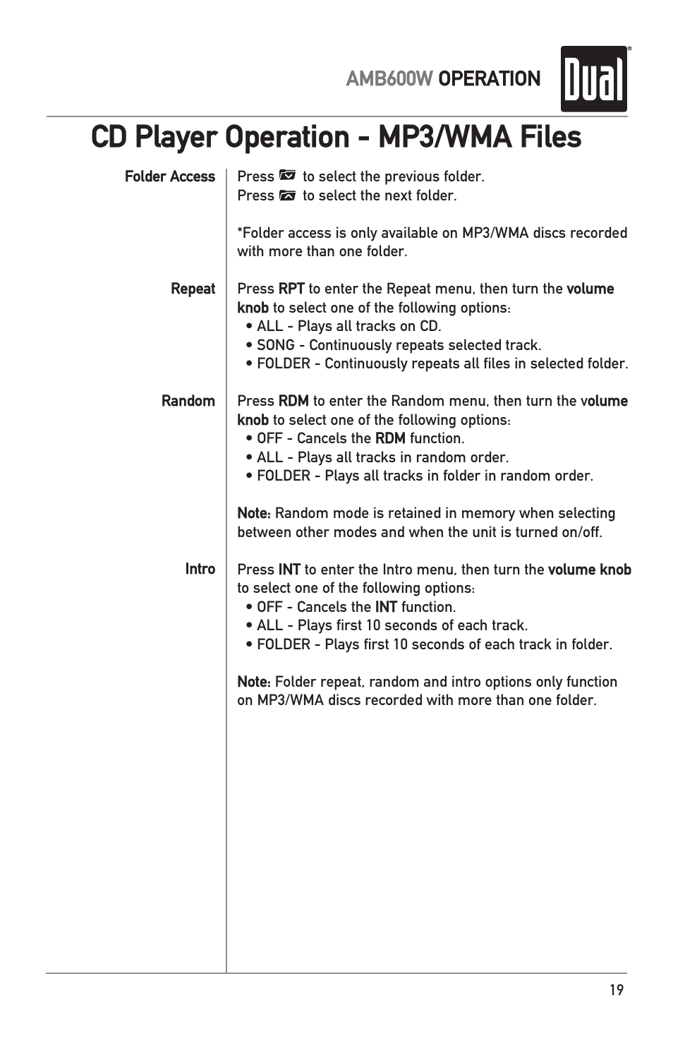 Cd player operation - mp3/wma files, Amb600w operation | Dual Electronics AMB600W User Manual | Page 19 / 40