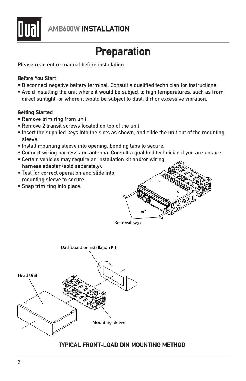 Preparation, Amb600w installation | Dual Electronics AMB600W User Manual | Page 2 / 40