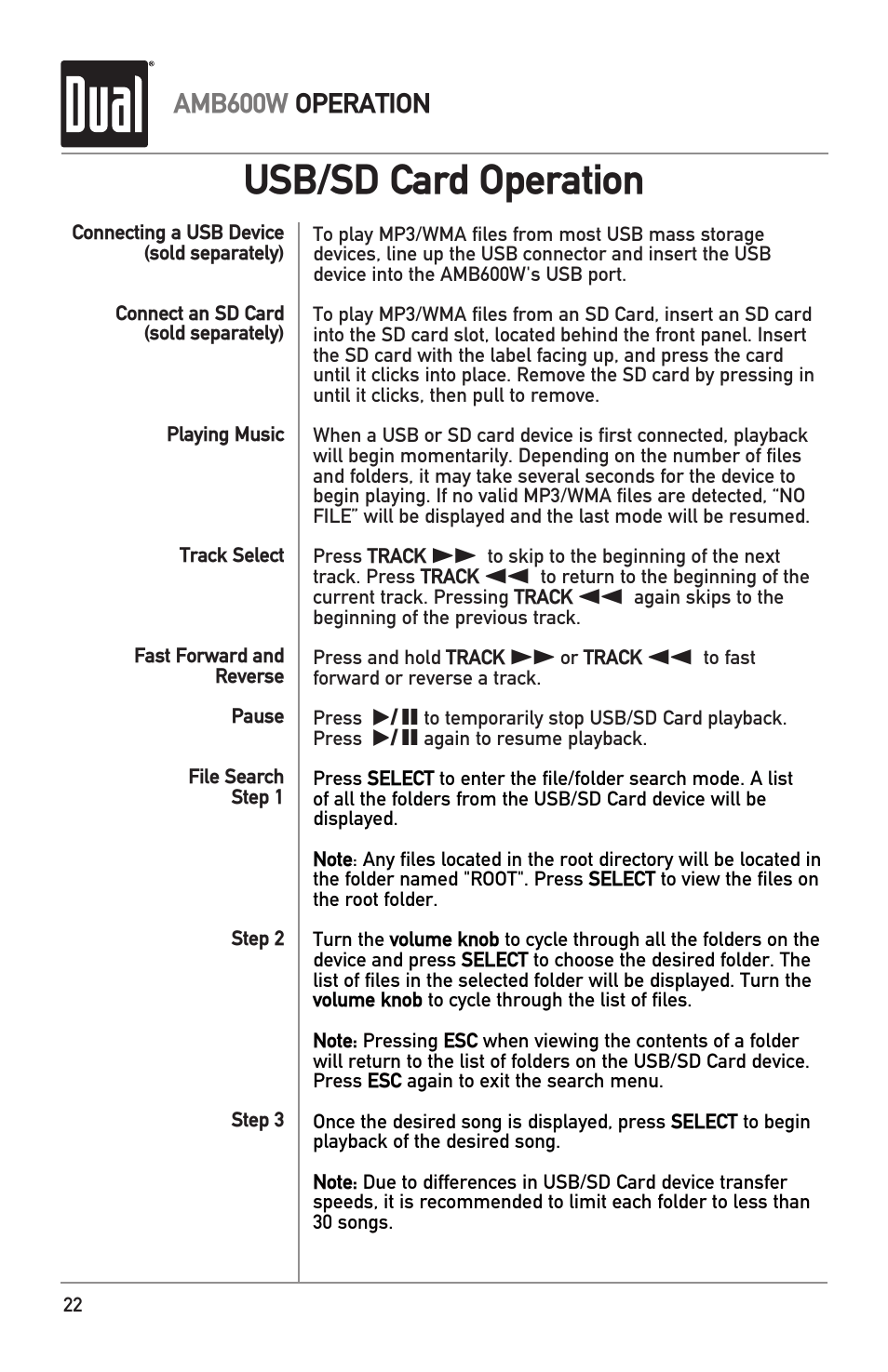 Usb/sd card operation | Dual Electronics AMB600W User Manual | Page 22 / 40