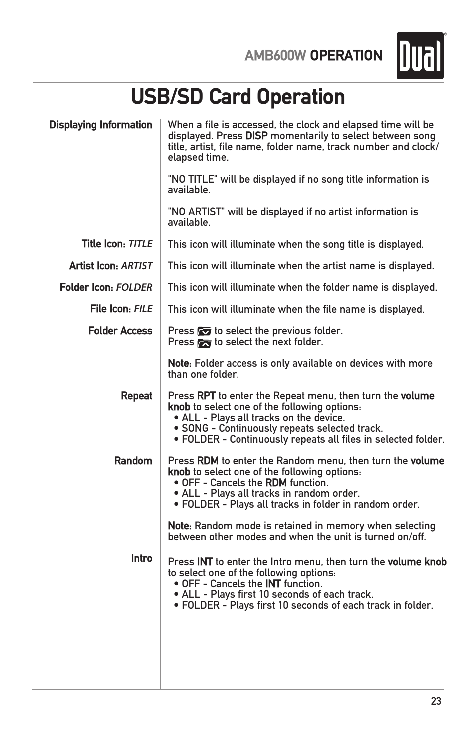 Usb/sd card operation, Amb600w operation | Dual Electronics AMB600W User Manual | Page 23 / 40