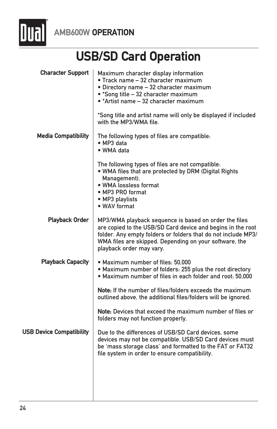 Usb/sd card operation, Amb600w operation | Dual Electronics AMB600W User Manual | Page 24 / 40