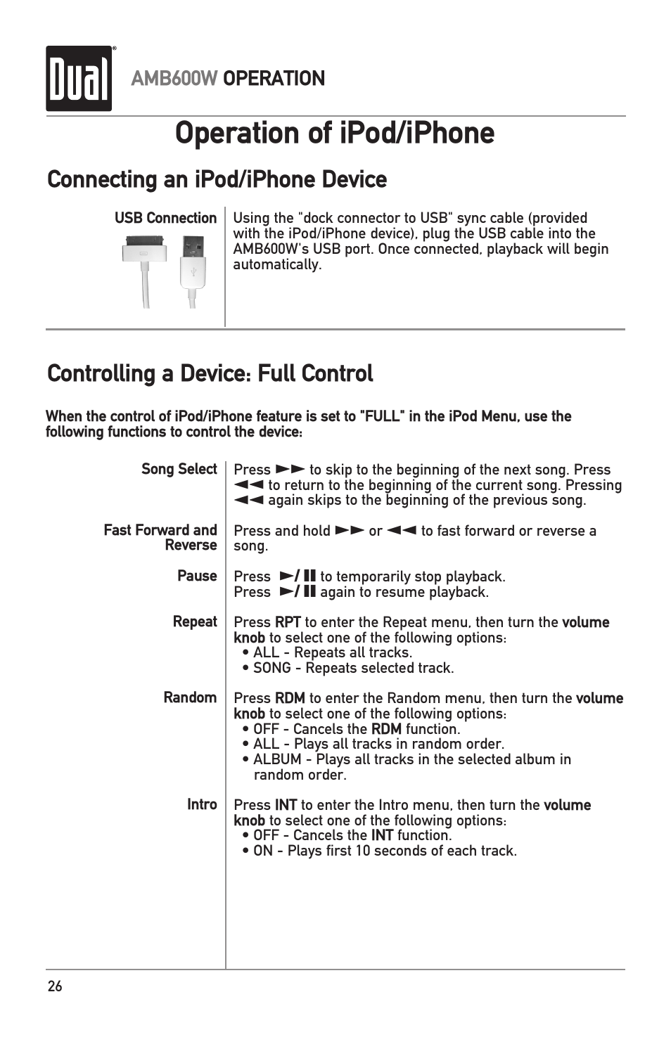 Operation of ipod/iphone, Amb600w operation | Dual Electronics AMB600W User Manual | Page 26 / 40