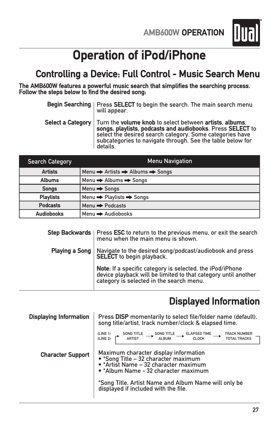 Operation of ipod/iphone, Displayed information, Amb600w operation | Dual Electronics AMB600W User Manual | Page 27 / 40