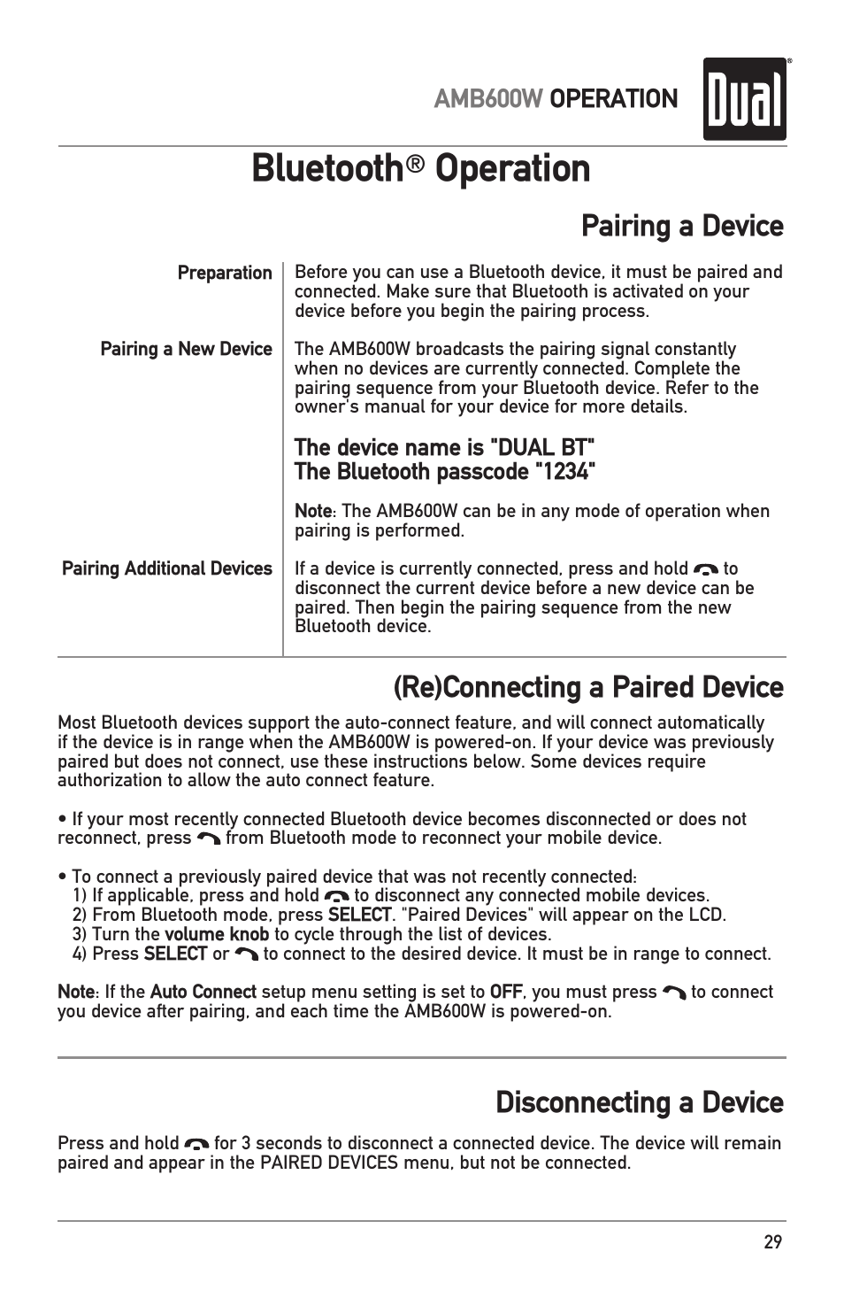 Bluetooth, Operation, Amb600w operation | Dual Electronics AMB600W User Manual | Page 29 / 40