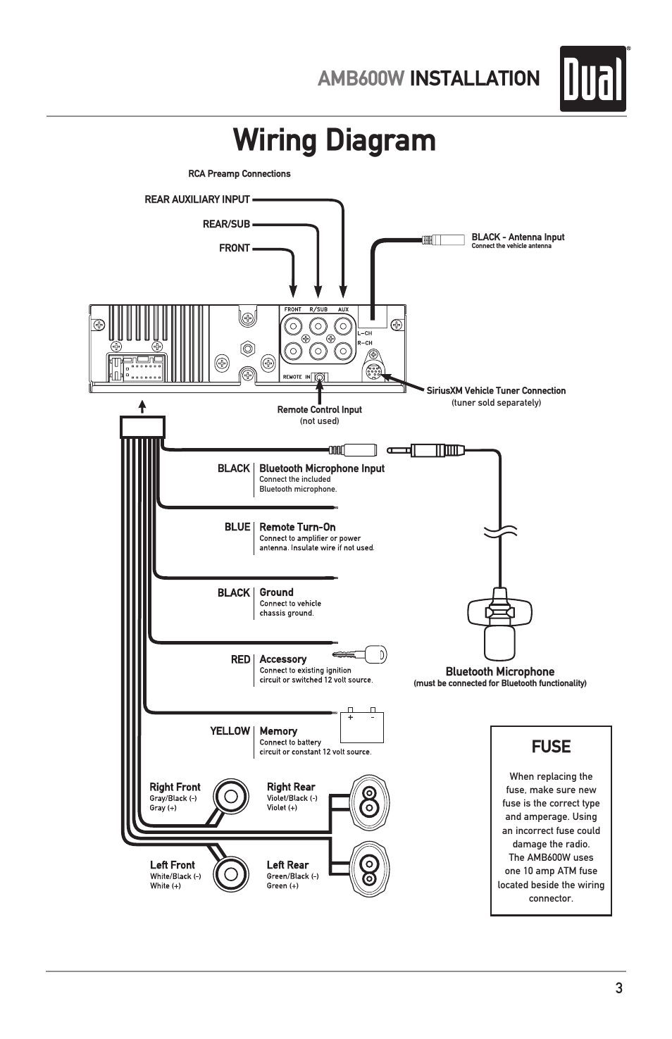 Wiring diagram, Amb600w installation, Fuse | Dual Electronics AMB600W User Manual | Page 3 / 40