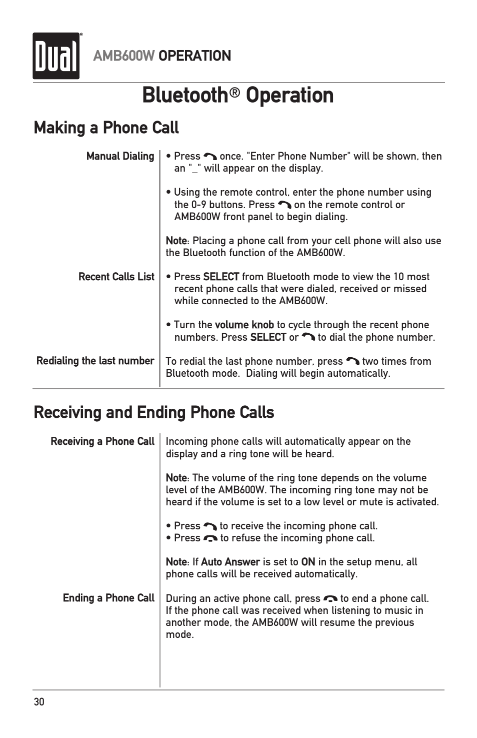 Bluetooth, Operation, Making a phone call | Receiving and ending phone calls, Amb600w operation | Dual Electronics AMB600W User Manual | Page 30 / 40