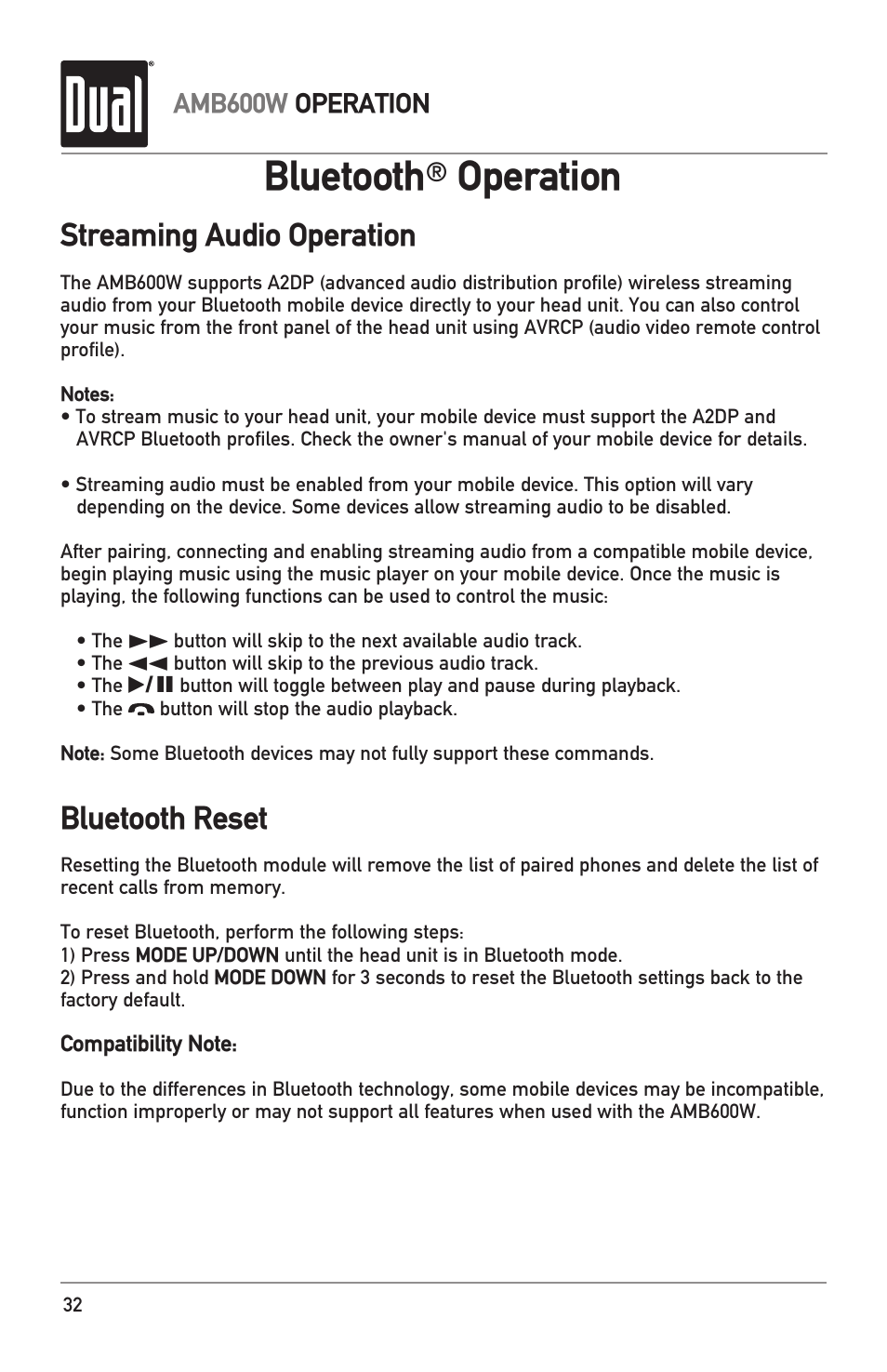 Bluetooth, Operation, Streaming audio operation bluetooth reset | Dual Electronics AMB600W User Manual | Page 32 / 40