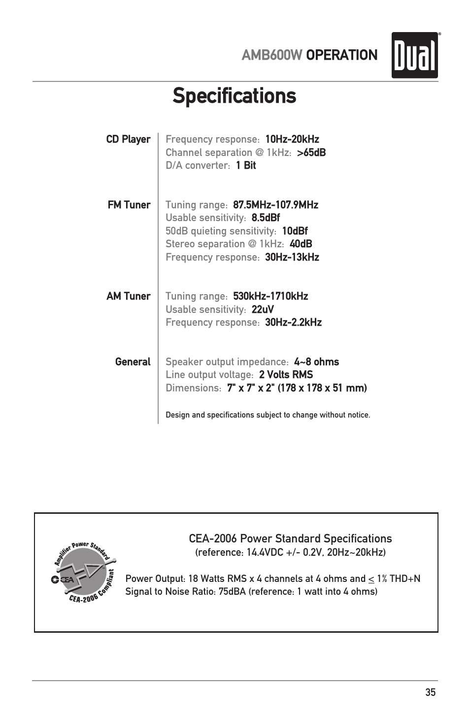 Specifications, Amb600w operation | Dual Electronics AMB600W User Manual | Page 35 / 40