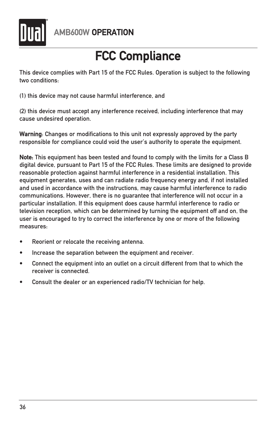 Fcc compliance, Amb600w operation | Dual Electronics AMB600W User Manual | Page 36 / 40