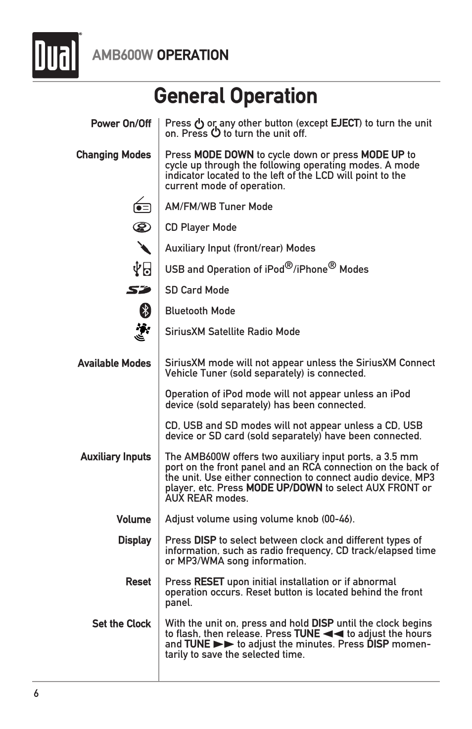 General operation, Amb600w operation | Dual Electronics AMB600W User Manual | Page 6 / 40