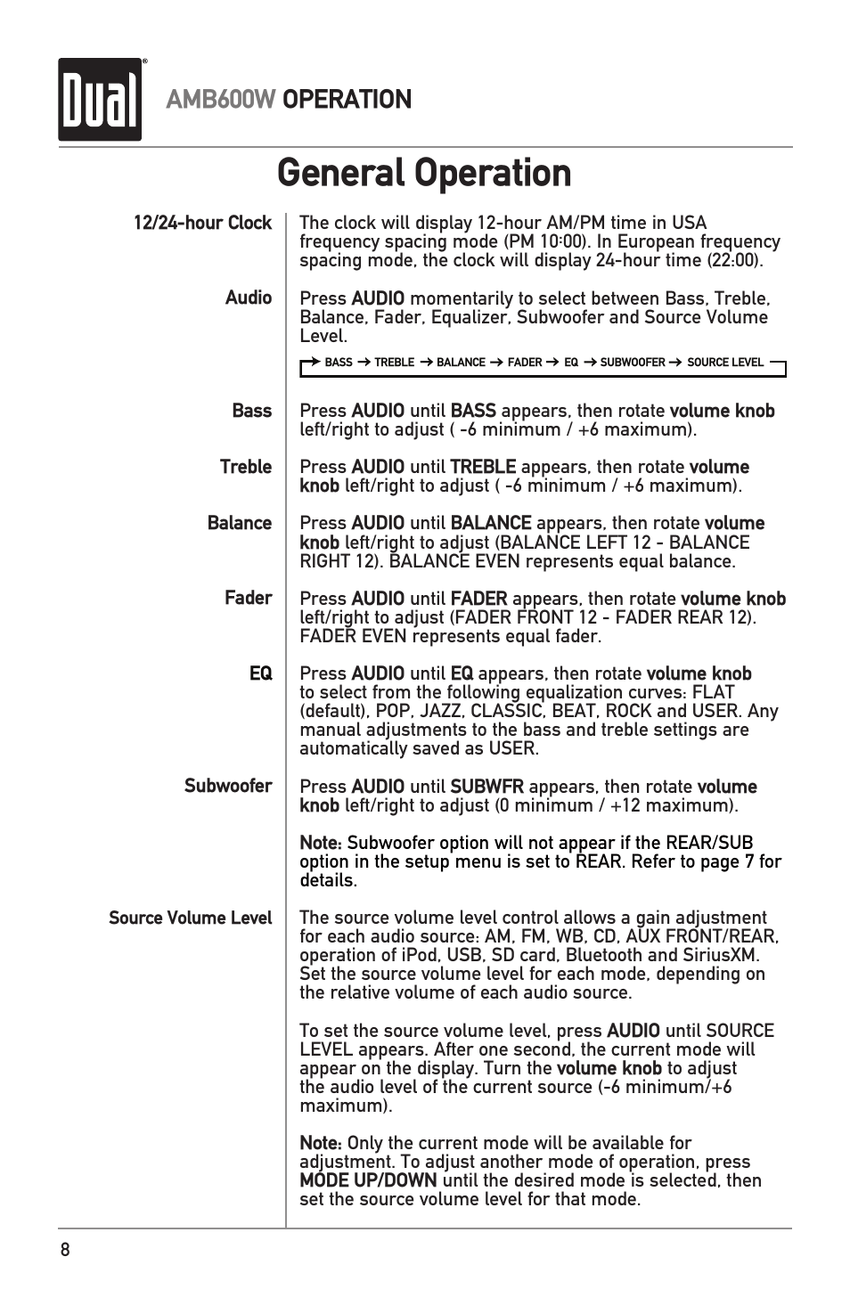 General operation, Amb600w operation | Dual Electronics AMB600W User Manual | Page 8 / 40