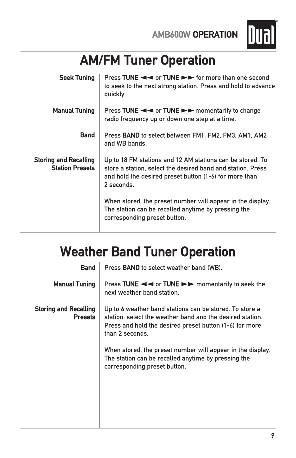 Weather band tuner operation, Am/fm tuner operation | Dual Electronics AMB600W User Manual | Page 9 / 40