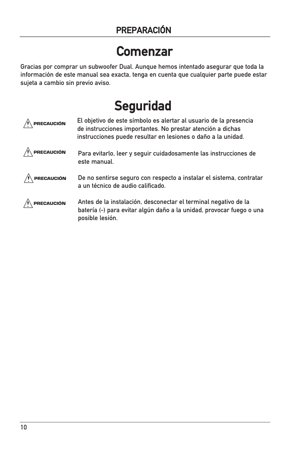 Seguridad, Comenzar, Preparación | Dual Electronics DS Series Subwoofers User Manual | Page 10 / 16