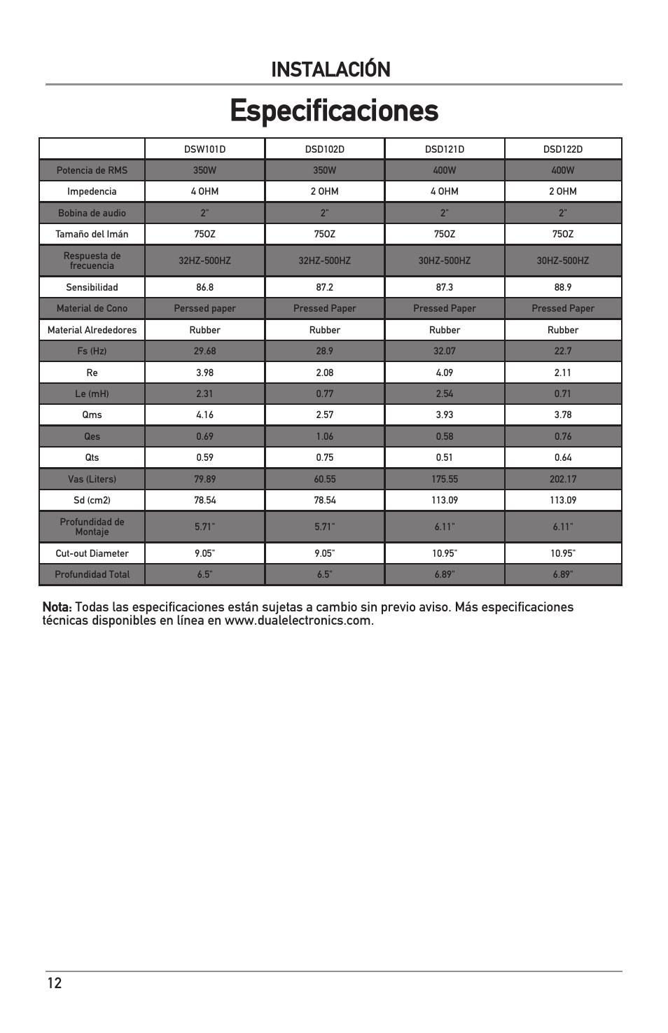 Especificaciones, Instalación | Dual Electronics DS Series Subwoofers User Manual | Page 12 / 16