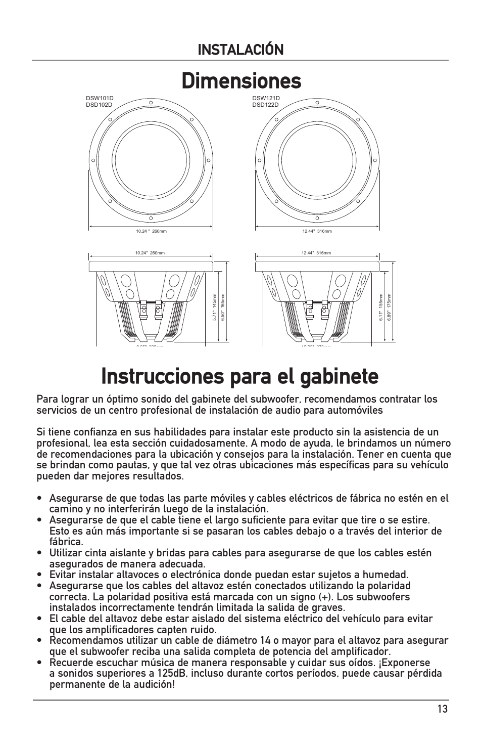 Dimensiones instrucciones para el gabinete, Instalación | Dual Electronics DS Series Subwoofers User Manual | Page 13 / 16
