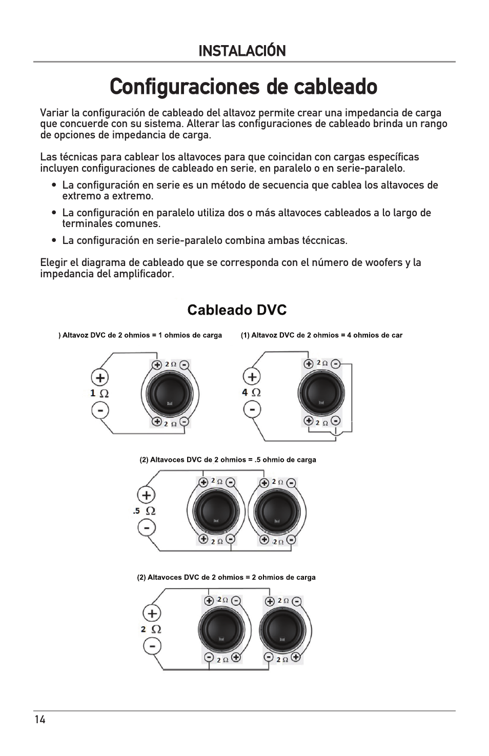 Configuraciones de cableado, Instalación | Dual Electronics DS Series Subwoofers User Manual | Page 14 / 16