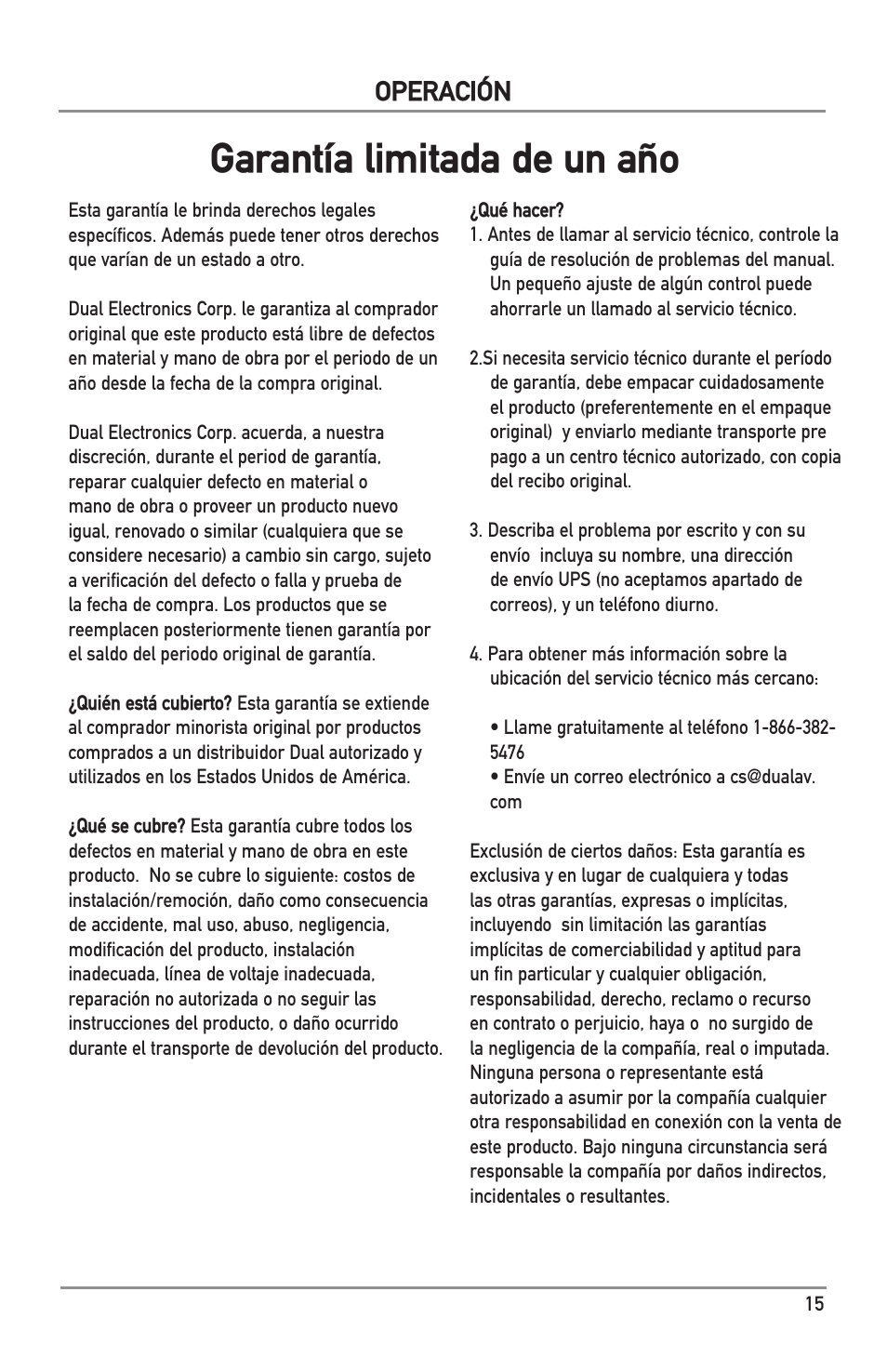 Garantía limitada de un año, Operación | Dual Electronics DS Series Subwoofers User Manual | Page 15 / 16