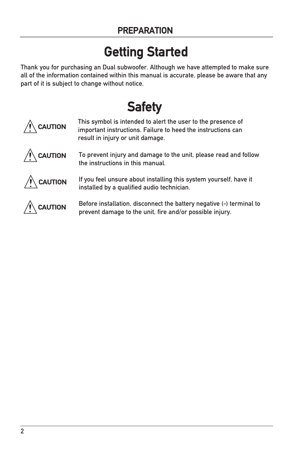 Safety, Getting started | Dual Electronics DS Series Subwoofers User Manual | Page 2 / 16
