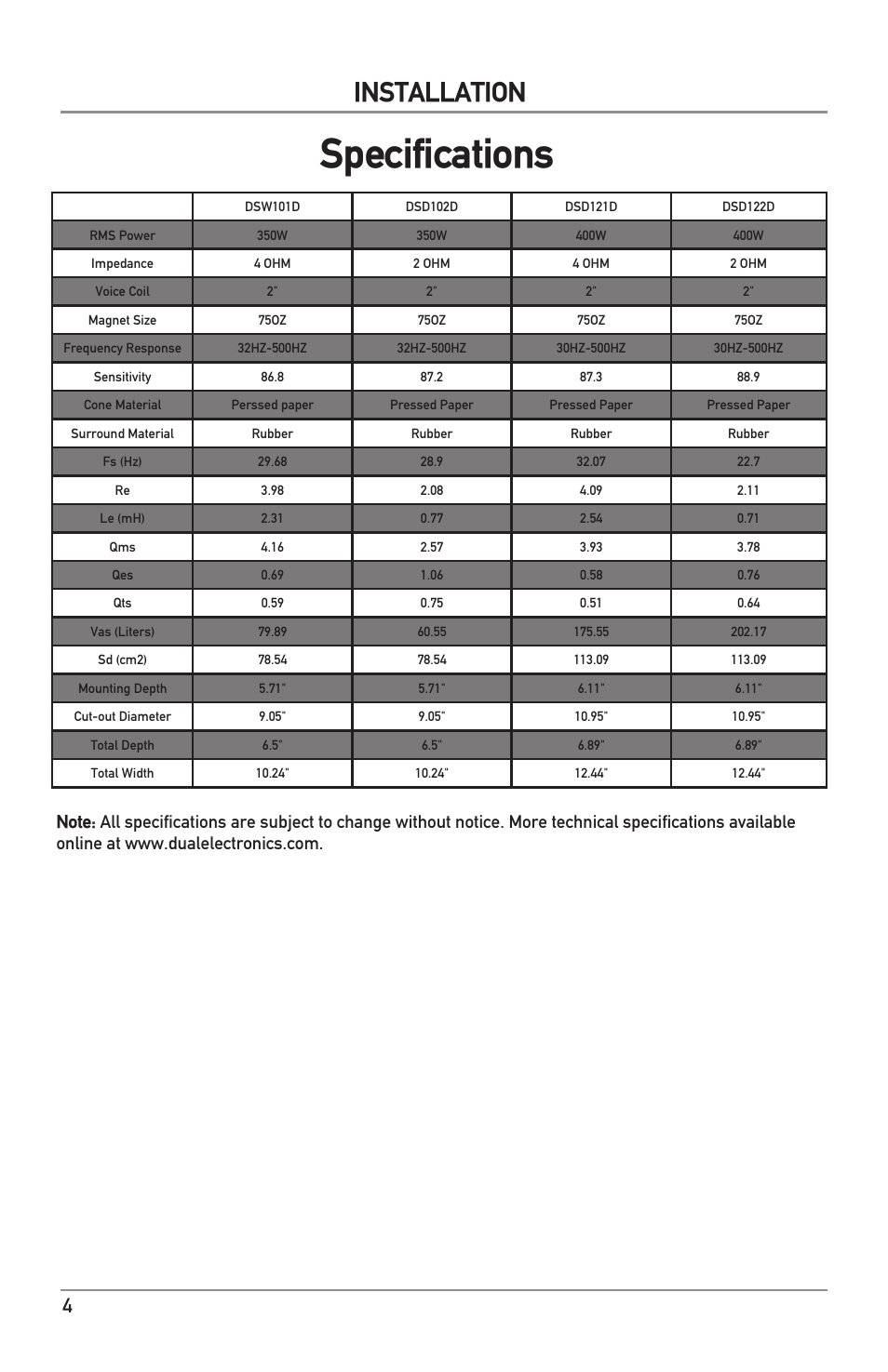 Specifications, Installation | Dual Electronics DS Series Subwoofers User Manual | Page 4 / 16