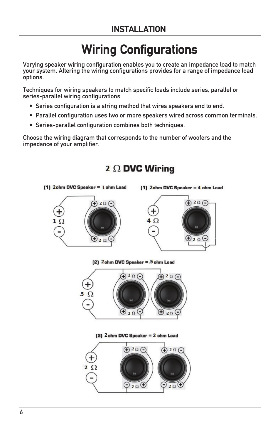Wiring configurations, Installation | Dual Electronics DS Series Subwoofers User Manual | Page 6 / 16
