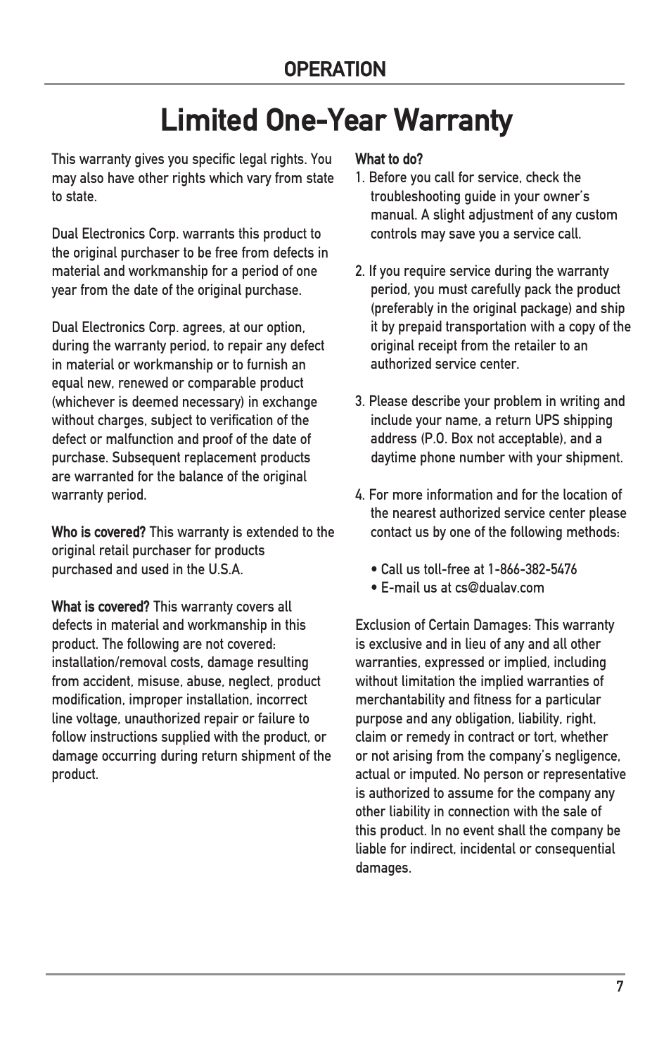 Limited one-year warranty, Operation | Dual Electronics DS Series Subwoofers User Manual | Page 7 / 16