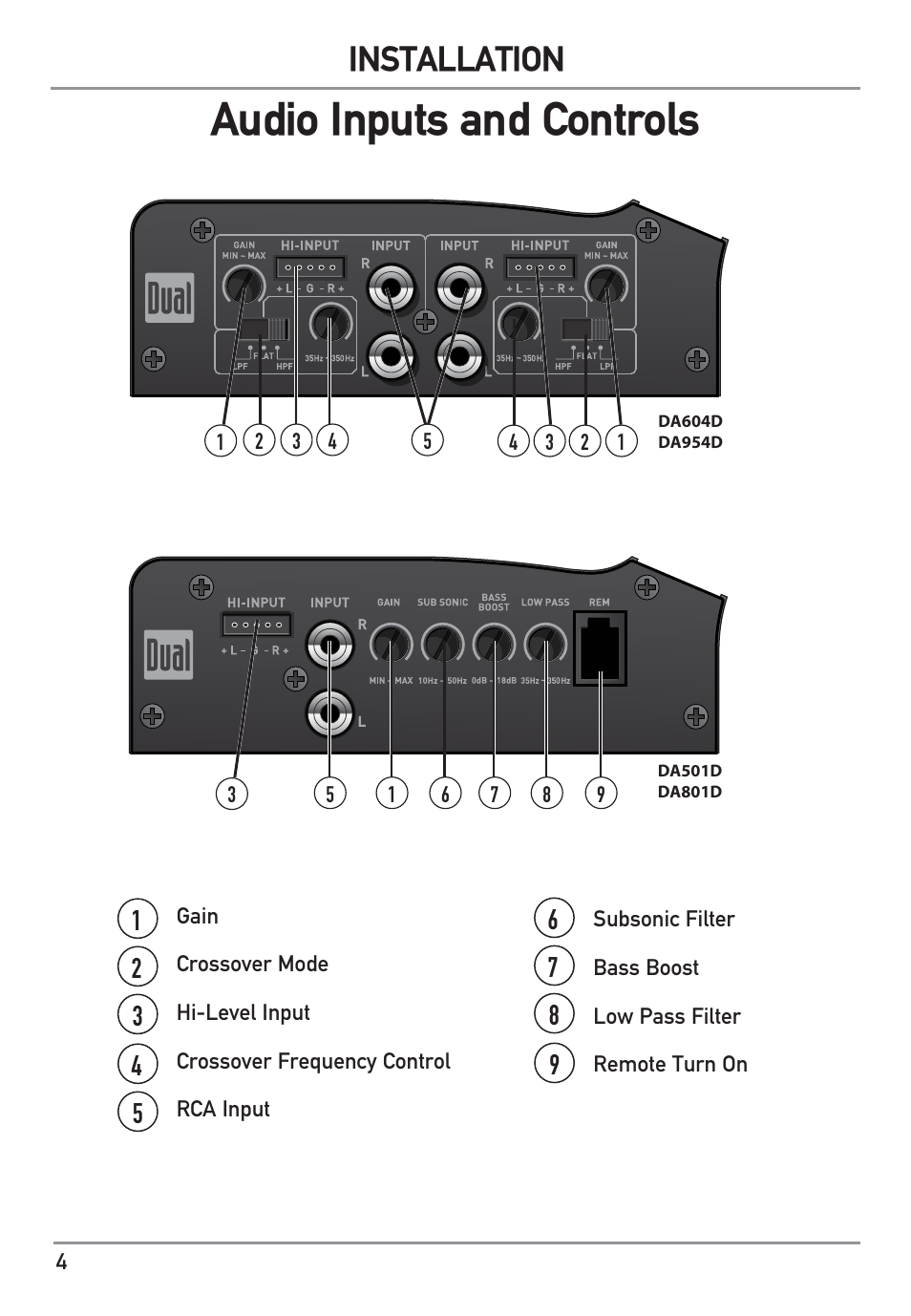 Audio inputs and controls, Installation | Dual Electronics DA801D User Manual | Page 4 / 12