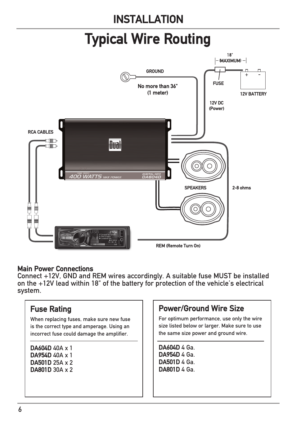 Typical wire routing, Installation, Fuse rating | Power/ground wire size | Dual Electronics DA801D User Manual | Page 6 / 12