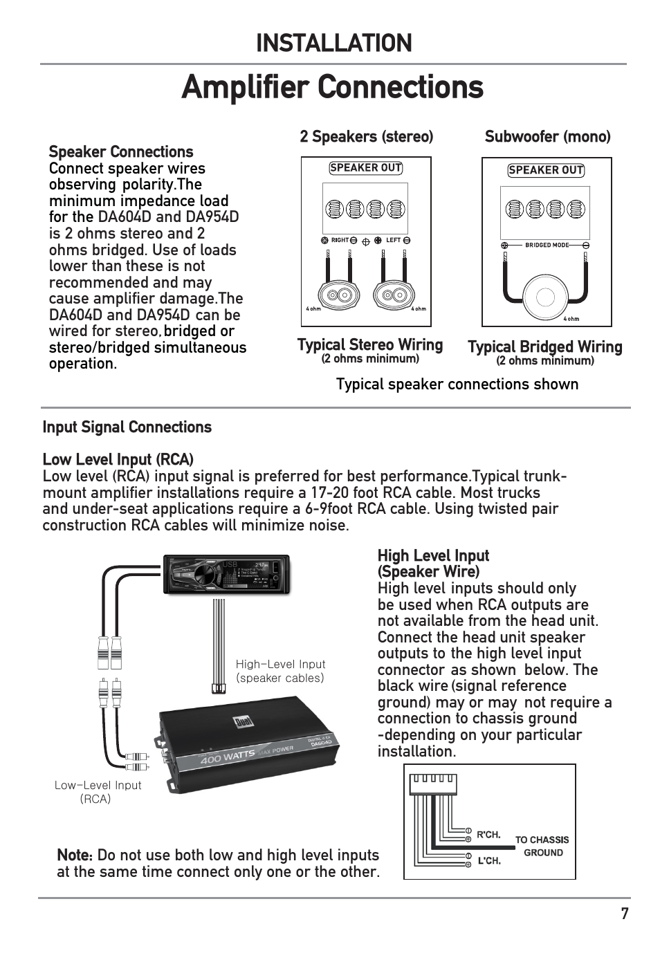 Amplifier connections, Installation | Dual Electronics DA801D User Manual | Page 7 / 12