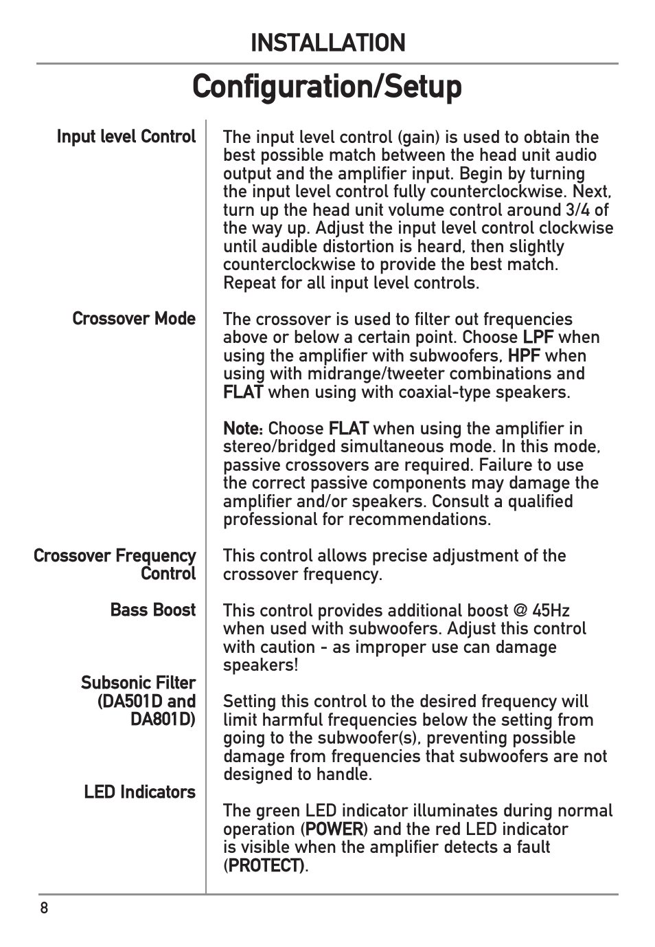 Configuration/setup, Installation | Dual Electronics DA801D User Manual | Page 8 / 12