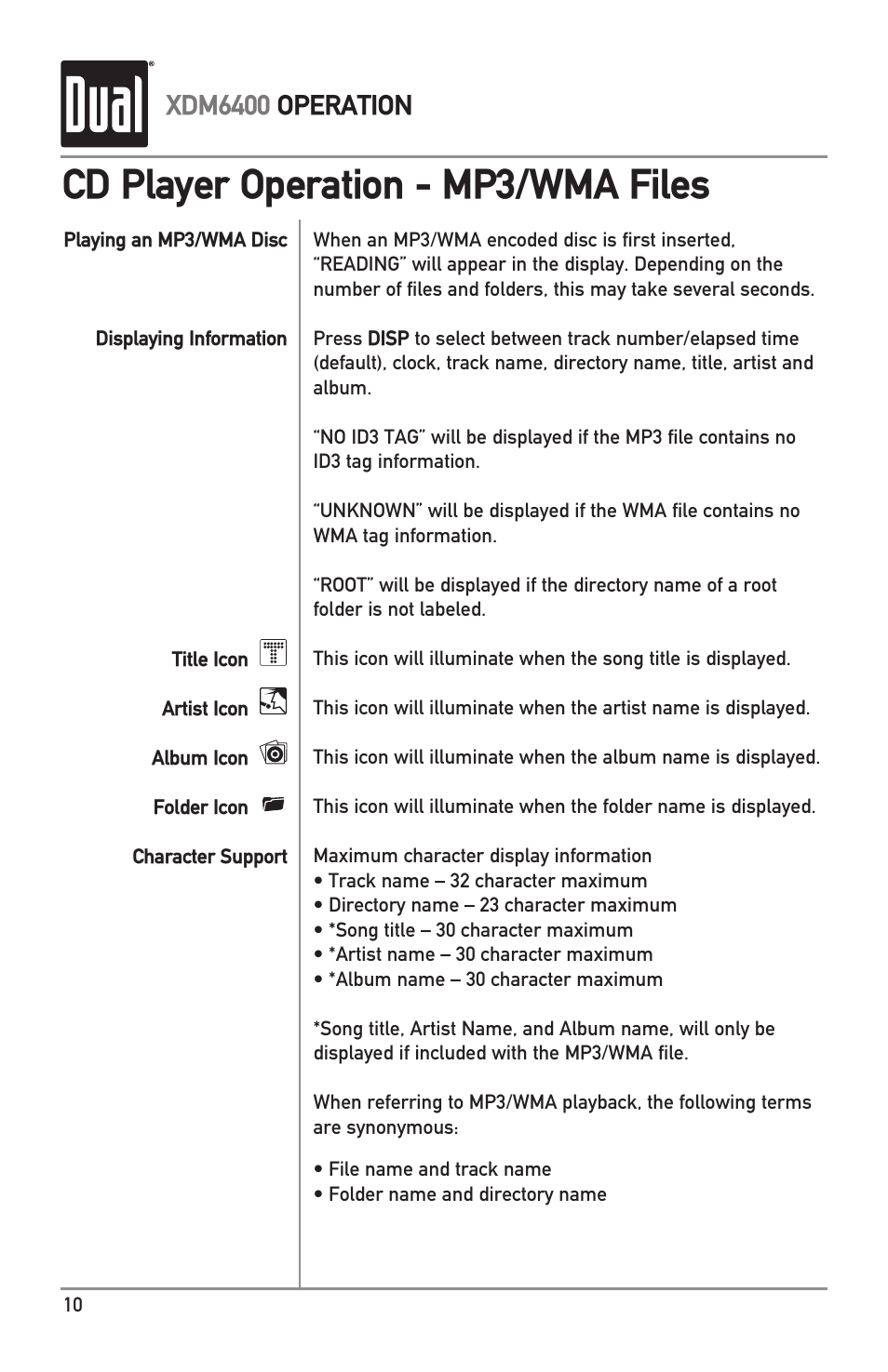 Cd player operation - mp3/wma files, Xdm6400 operation | Dual Electronics XDM6400 User Manual | Page 10 / 28