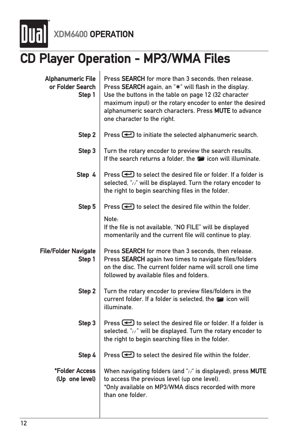 Cd player operation - mp3/wma files, Xdm6400 operation | Dual Electronics XDM6400 User Manual | Page 12 / 28