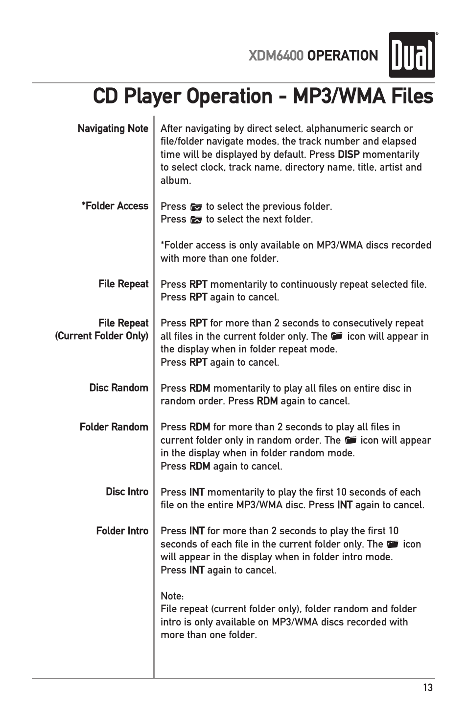 Cd player operation - mp3/wma files, Xdm6400 operation | Dual Electronics XDM6400 User Manual | Page 13 / 28