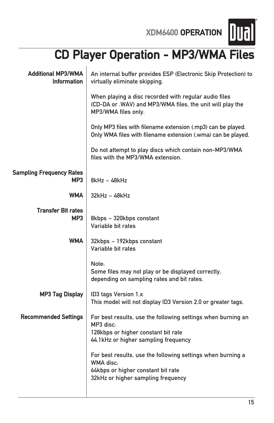 Cd player operation - mp3/wma files, Xdm6400 operation | Dual Electronics XDM6400 User Manual | Page 15 / 28