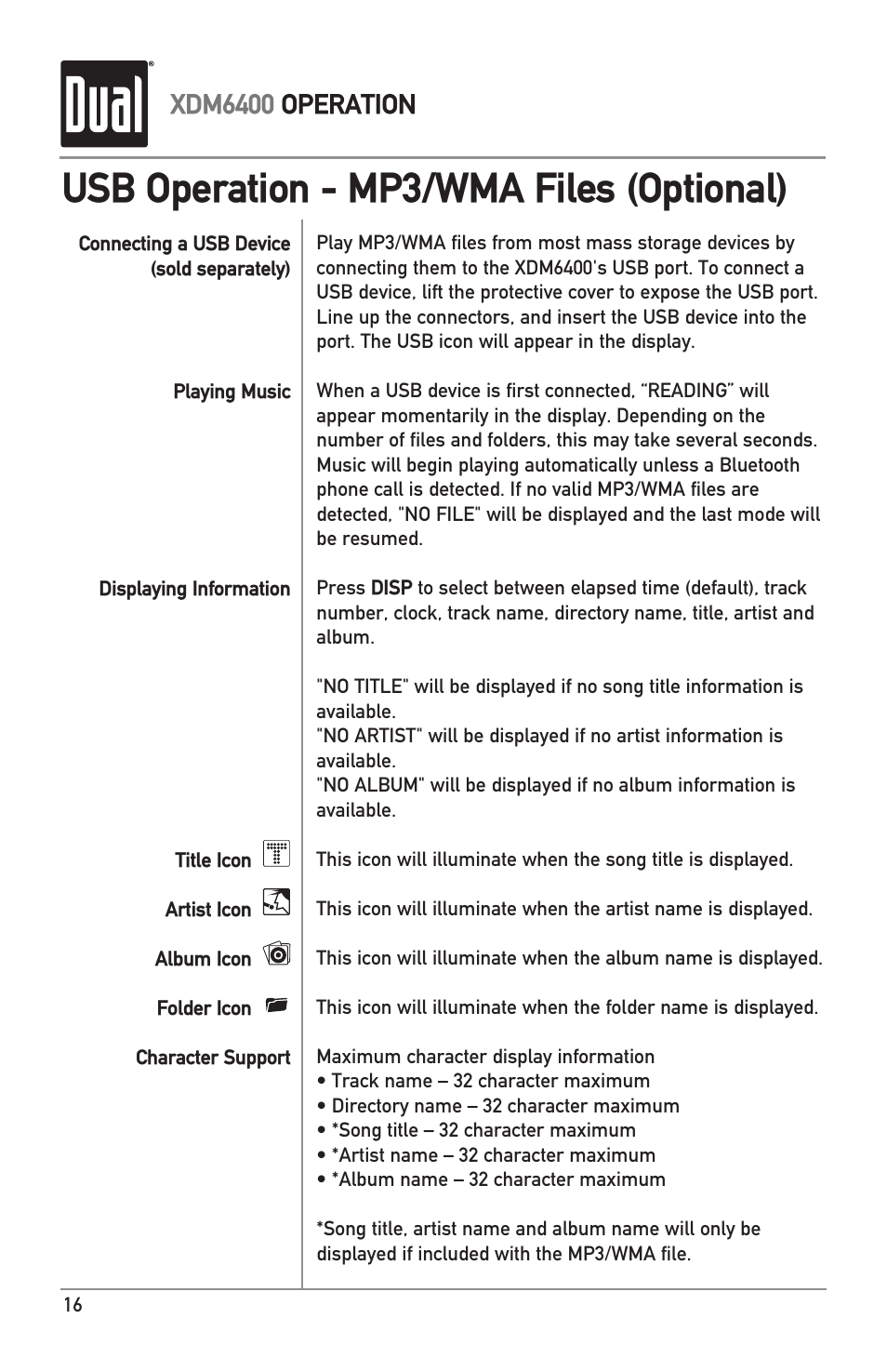 Usb operation - mp3/wma files (optional), Xdm6400 operation | Dual Electronics XDM6400 User Manual | Page 16 / 28