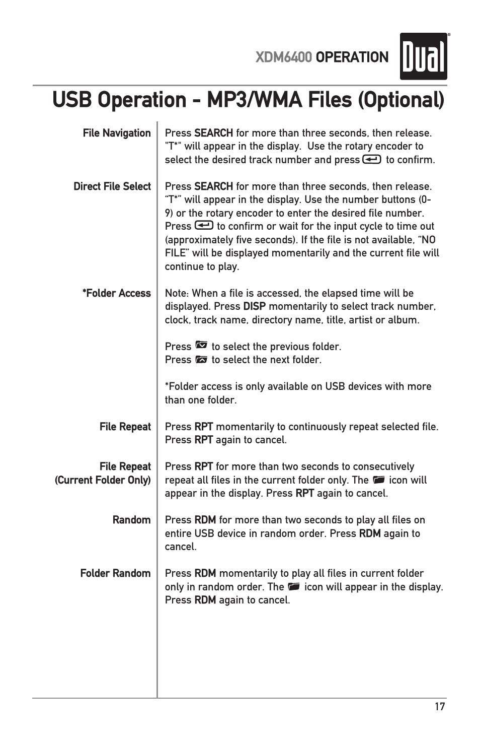 Usb operation - mp3/wma files (optional), Xdm6400 operation | Dual Electronics XDM6400 User Manual | Page 17 / 28