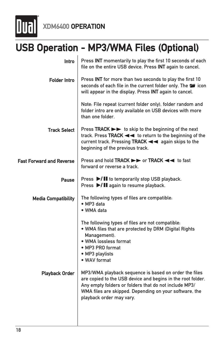 Usb operation - mp3/wma files (optional) | Dual Electronics XDM6400 User Manual | Page 18 / 28