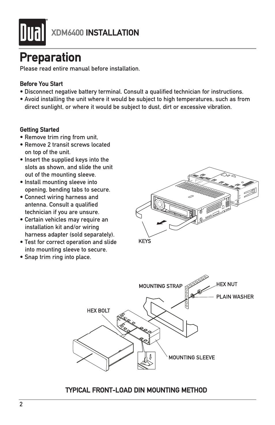 Preparation, Xdm6400 installation | Dual Electronics XDM6400 User Manual | Page 2 / 28